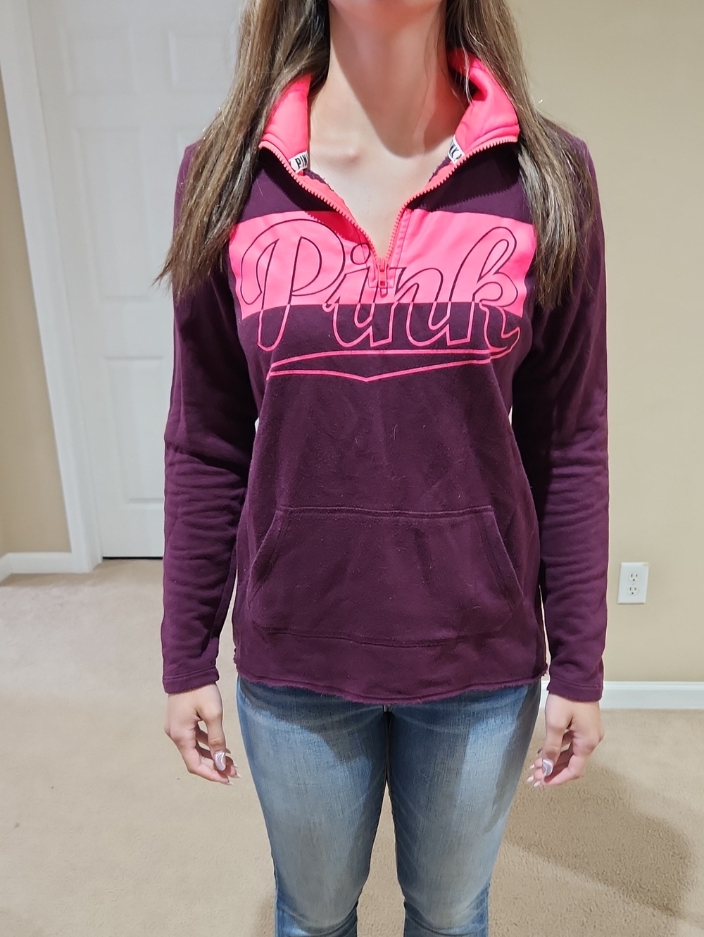 PINK Victoria's Secret Plum Half-Zip Sweatshirt with Hot Pink Logo